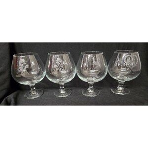 4 Etched 6" Glass Brandy Snifters Horse Deer & Floral Designs